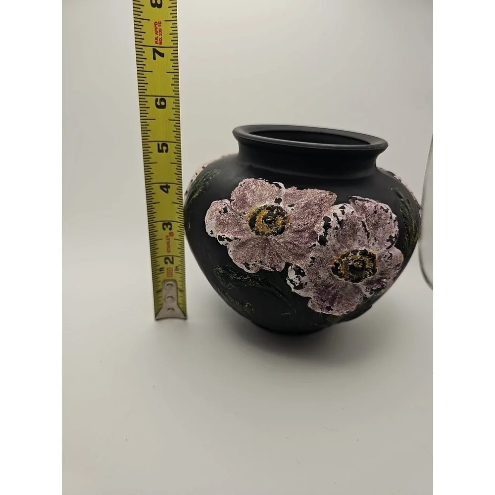 Antique Tiffin Coralene Embossed Handpainted  Poppy Vase Black Satin On Amethyst